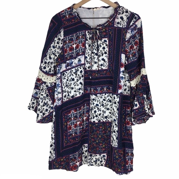 ENTRO Dress Patchwork Bell Sleeve Boho Prairie Peasant Hippie Gypsy Tunic Large - Picture 16 of 16